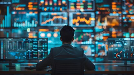 Obraz premium A business professional sits in front of multiple screens displaying data and graphs, with their focus on the background as they gaze at an array of digital images.