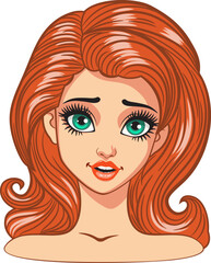 Young cartoon woman with big green eyes and ginger hair. Expressive ginger girl, female avatar.