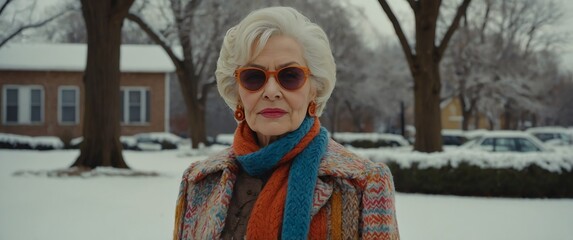 colorful concept elder mature woman retro vintage winter season style fashion shoot portrait for banner background copy space