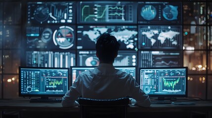 Fototapeta premium A business professional sits in front of multiple screens displaying data and graphs, with their focus on the background as they gaze at an array of digital images.