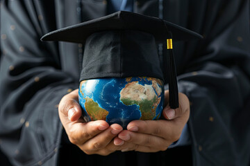 Global education, graduation cap on a businessman holding an Earth globe with a radar background, concept of global business study and abroad education