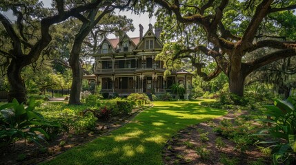 Obraz premium An elegant Victorian mansion surrounded by lush gardens and ancient oak trees casting dappled shadows on its facade.