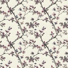 Botanical Illustration Style Pattern with Purple Flowers