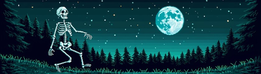 Fototapeta premium Skeleton dancing in a moonlit forest, pixel art, dark green and white, 8bit, creepy and whimsical