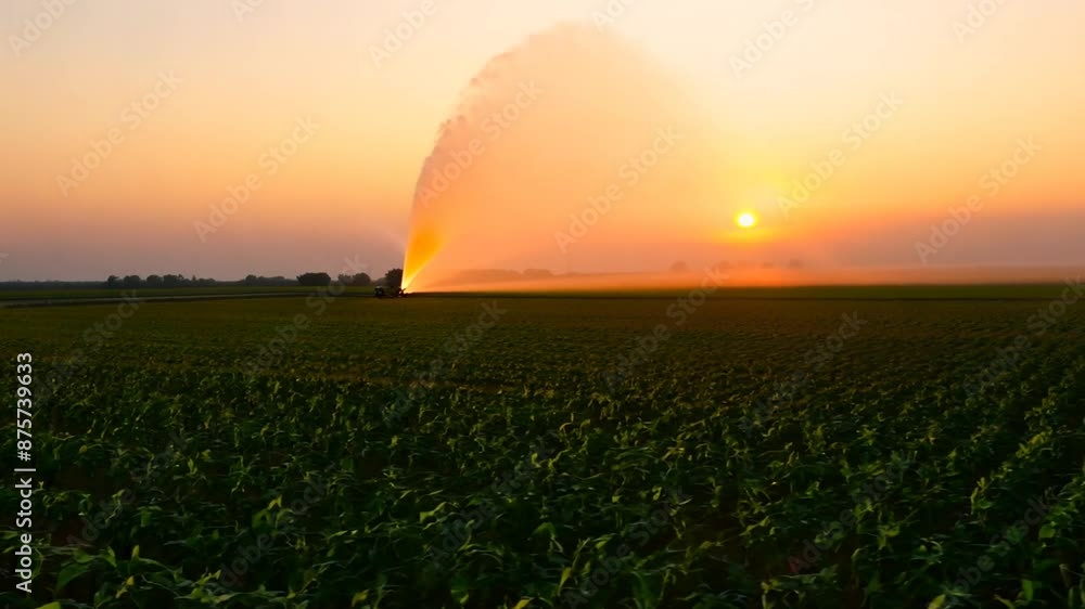 Poster irrigation system at sunset over soybean field generative ai
