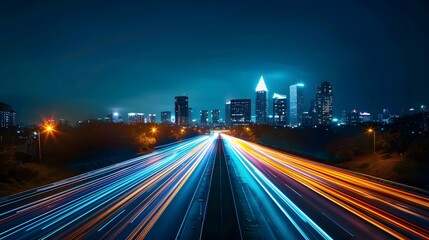 Fototapeta premium A long exposure photograph of city lights on the highway, creating streaks and patterns in blue, orange, green, and yellow colors against an urban skyline at night.