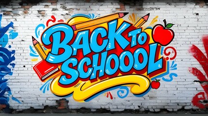 Text Let's go Back to school concept. School and office supplies on background Back to school concept.white brick wall the inscription in multi-colored paints . school  background (17)