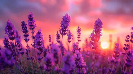 A meadow of bright purple lavender, their slender stems swaying gently in the wind under a sunset sky painted with pastel hues. The focus is on the delicate blooms of the flowers.