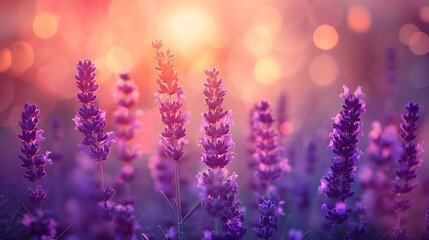 A meadow of bright purple lavender, their slender stems swaying gently in the wind under a sunset sky painted with pastel hues. The focus is on the delicate blooms of the flowers.