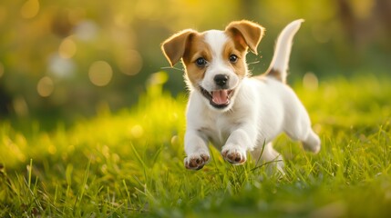 A playful puppy joyfully runs through a lush park, spreading boundless energy and smiles.