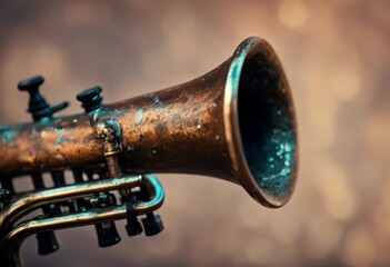 Naklejka premium old mouthpiece instrument magnification shown covered trumpet patina musical art background band brass breathing brown bugle classic classical closeup control cornet detail device equipment gold