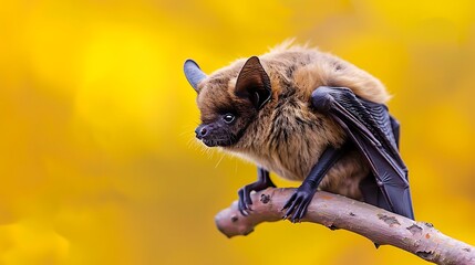 closeup of small brown bat sitting on branch over yellow
