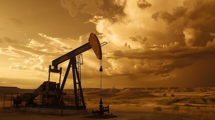 An oil pump with dark clouds in the background, symbolizing challenges andcouched natural resources, set against a beautiful landscape.
