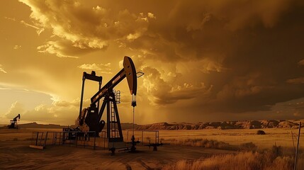 Naklejka premium An oil pump with dark clouds in the background, symbolizing challenges andcouched natural resources, set against a beautiful landscape.