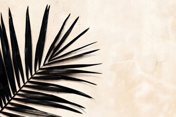 Fototapeta premium Dark palm leaf casting a shadow on a textured beige wall, creating a minimalist tropical vibe.