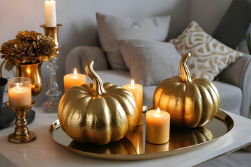 home decor with golden pumpkin and burning candles