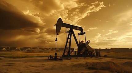 Naklejka premium An oil pump with dark clouds in the background, symbolizing challenges andcouched natural resources, set against a beautiful landscape.