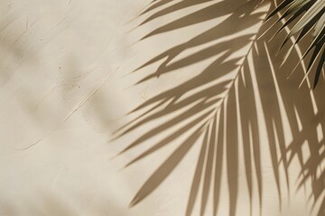 Obraz premium Sunlit palm leaf shadow casting intricate patterns on a textured beige wall.