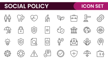 Set of Social Policy and Insuranceline icons. Outline icon collection related to education, insurance, law, goverment and more.