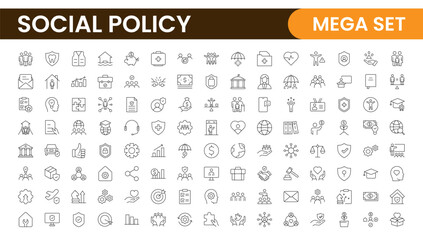 Set of Social Policy and Insuranceline icons. Outline icon collection related to education, insurance, law, goverment and more.