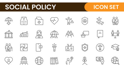 Set of Social Policy and Insuranceline icons. Outline icon collection related to education, insurance, law, goverment and more.