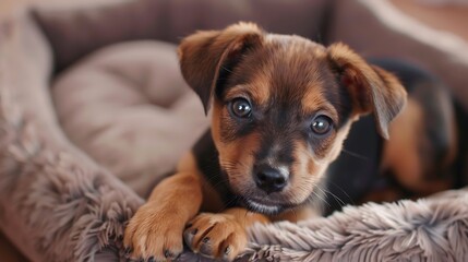 cut puppy on the pet bed