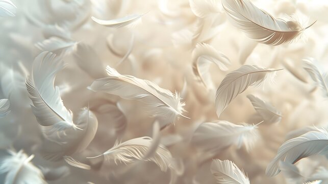 A serene background with delicate feathers floating in the air, creating an ethereal and dreamy atmosphere. The white color scheme adds to its peaceful ambiance.