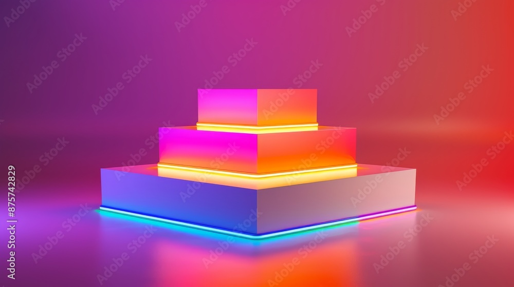 Poster vibrant geometric shapes illuminated with colorful led lights on a gradient background, showcasing f