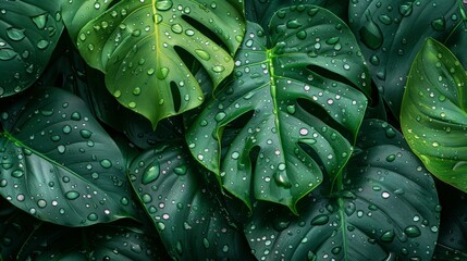 Raindrops on Giant Green Monstera Leaves with Dark Background