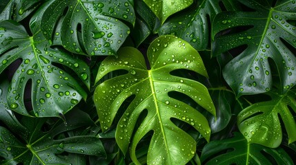 Close-up photograph of lush, green, tropical monstera leaves with water droplets.