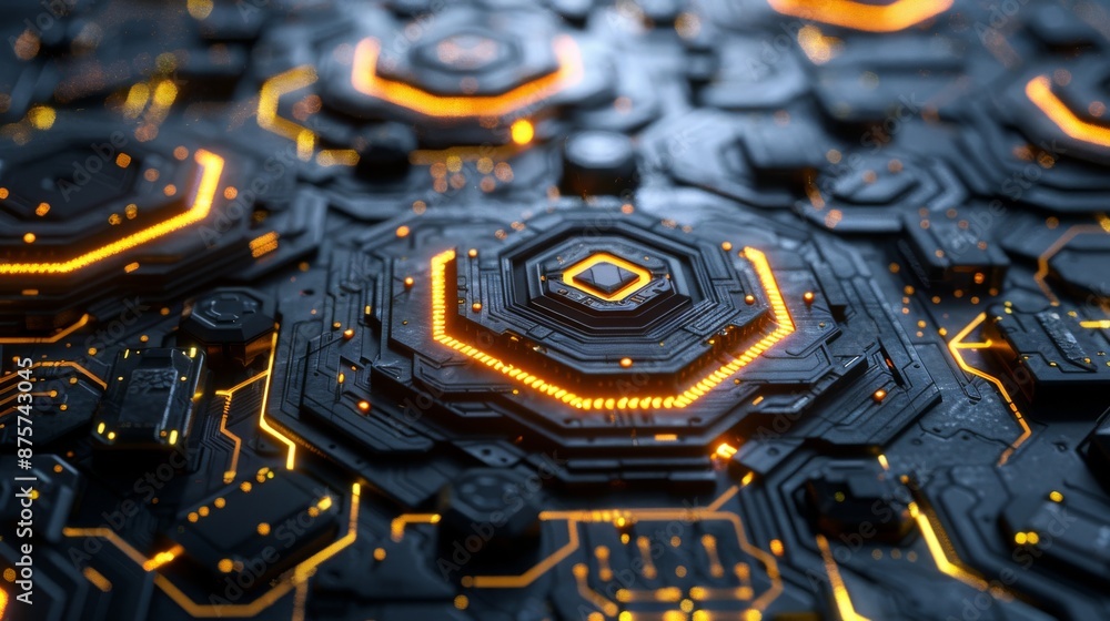 Poster futuristic glowing circuit board with hexagonal patterns