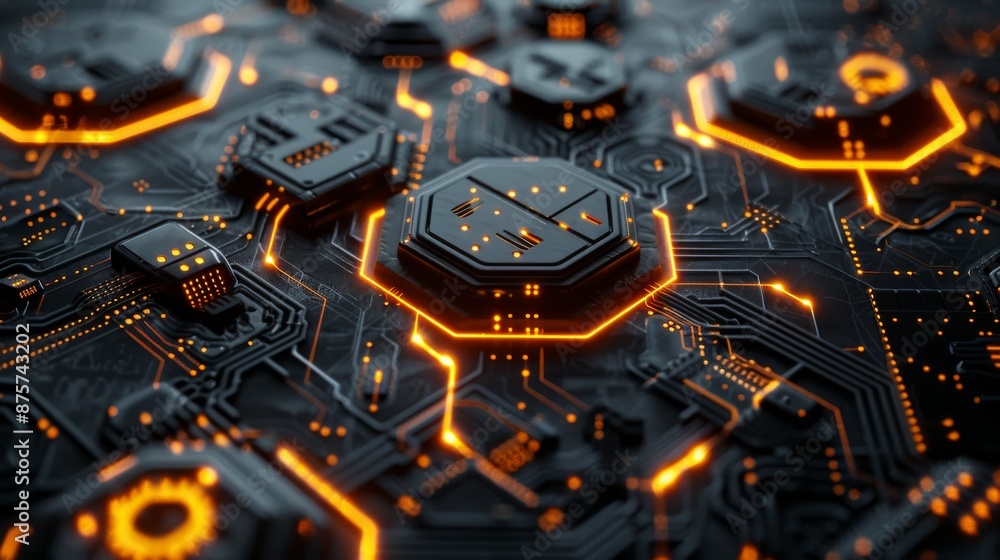 Poster futuristic circuit board with glowing hexagonal elements