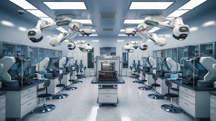 Futuristic laboratory with robotic arms conducting research.