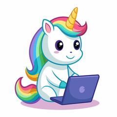 cute unicorn working on laptop cartoon vector