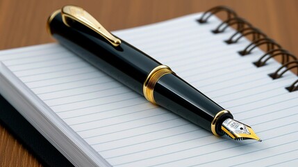 A black fountain pen with gold accents rests on a blank notepad, ready to write.