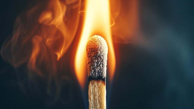 A burning matchstick with smoke rising from the tip, set against a dark background.  The flame illuminates the matchstick.