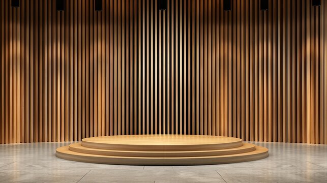 A wooden platform with a wood slat wall backdrop, ideal for product display or presentation.