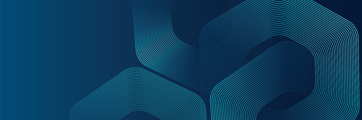 Abstract dark blue background with shining geometric lines. Modern shiny blue hexagon stripes pattern. Suitable for posters, banners, brochures, covers, pamphlets. Vector illustration, eps10.