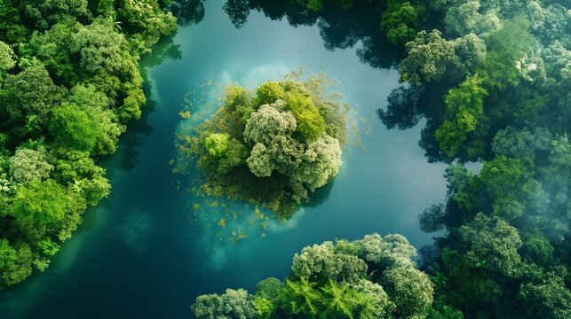 A detailed overhead view of a forest island surrounded by a lake, with lush greenery and a clear space on the water for text insertion.