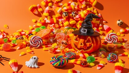 Still life colorful Halloween decorations on bright orange background