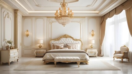 Royal luxury bedroom interior design, cream and white color interior design, luxurious bedroom home decor interior design of a king palace, photo realistic background