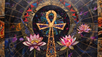 Abstract Ankh symbols and lotus flowers with a modern twist