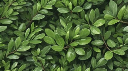 Close-up of fresh green Buxus sempervirens leaves, showing the natural pattern and texture of the evergreen bush