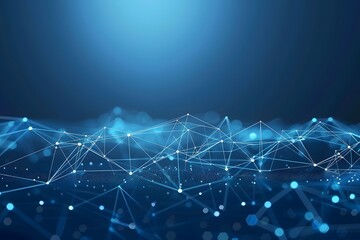 Abstract digital network with luminous nodes and connecting lines on a blue background.