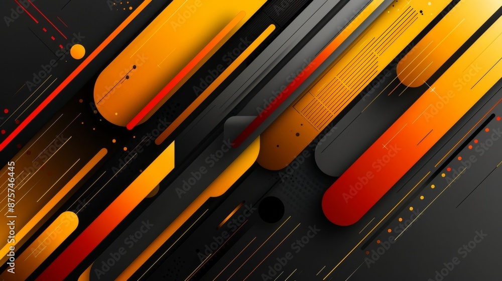 Poster abstract composition of vibrant geometric shapes and lines in a dynamic arrangement creating a sense