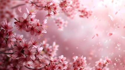Obraz premium Soft and soothing pink background with cherry blossoms delicately placed, conveying a sense of serenity and gentle beauty.