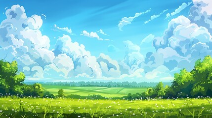 Obraz premium Summer Landscape with Lush Green Fields and Fluffy Clouds