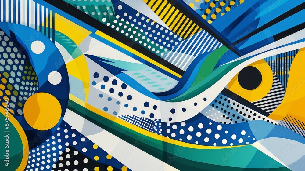 Poster colorful geometric shapes and patterns create a vibrant and dynamic composition.