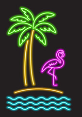 Abstract flamingo bird and palm tree, neon glowing illustration. Flamingo on the beach and palm tree. Minimalistic colorful neon glowing line design. © AnnaPa