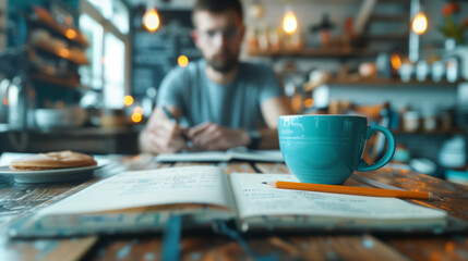 an open notebook with a pencil and blue coffee mug on the table. In the blurred background of the coffee shop